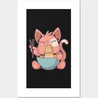 Cat Eating Ramen Japanese Art Posters and Art